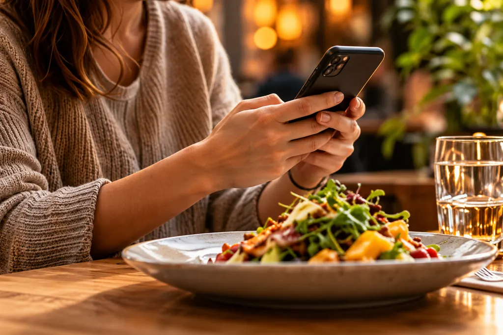Iemand bestelt aan tafel op de eigen telefoon, met een salade voor zich