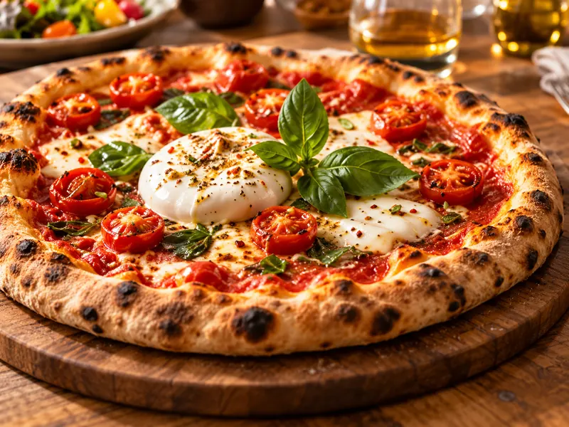 Een pizza uit de houtoven met burrata, tomaat en basilicum