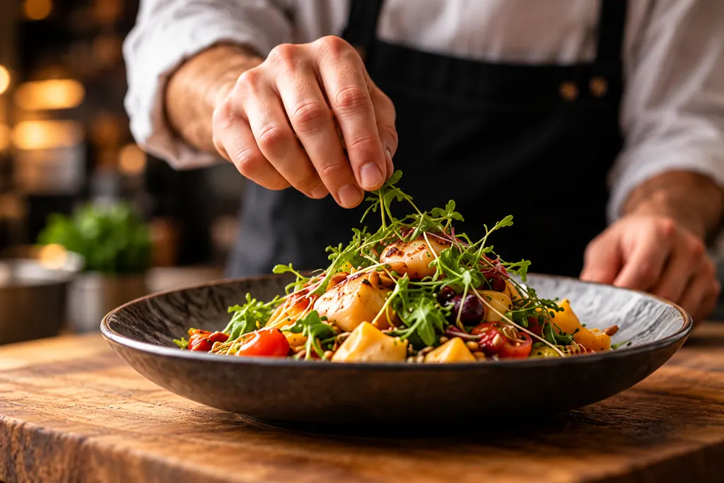 Een chef legt met de hand de laatste kruiden op een bord