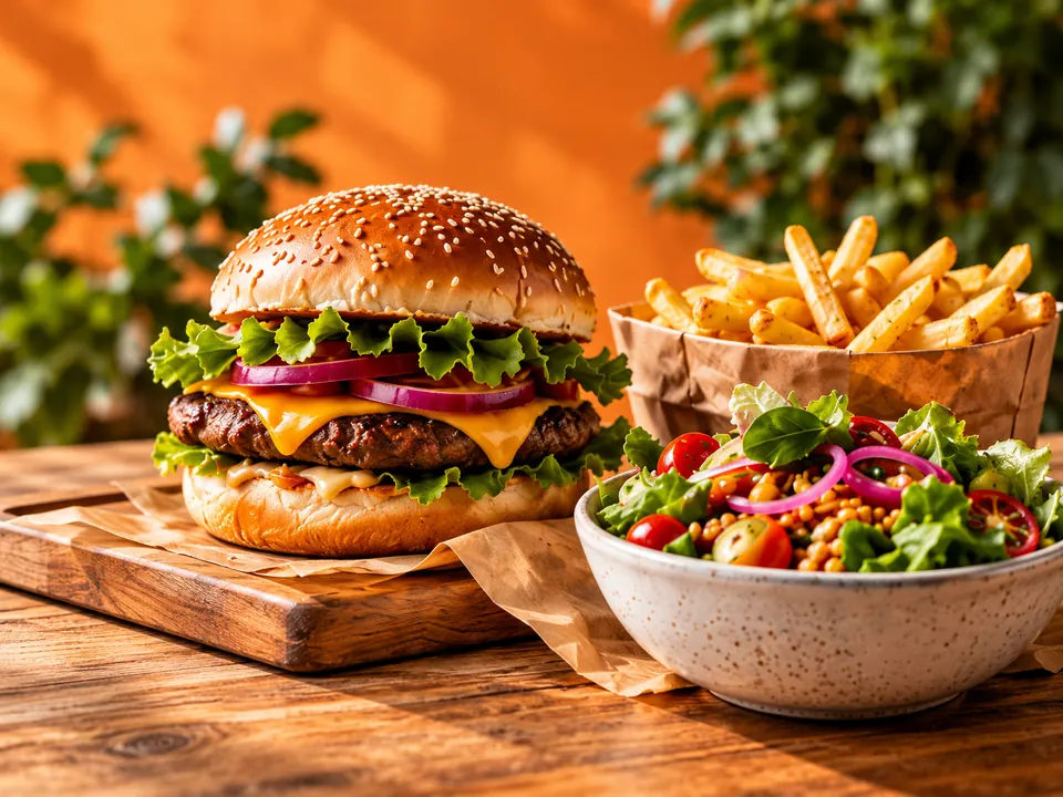 Een burger met cheddar, sla en rode ui, met friet en een frisse salade ernaast