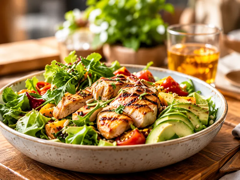 Een salade met gegrilde kip, avocado en tomaat