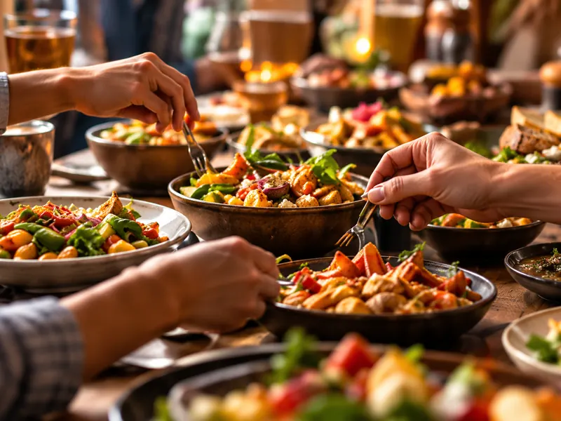 Een gedekte tafel vol schalen waar vrienden samen van eten